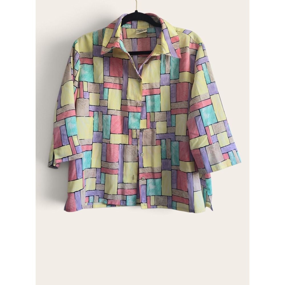 Allison Daley Vintage Artsy Geometric Pastel Colorblock Button Up Blouse